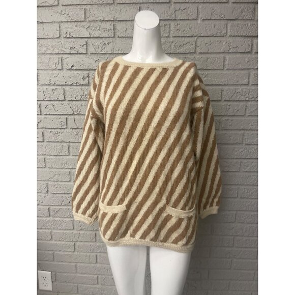 VTG Geoffrey Beene Women Tan / Cream Striped Alpaca Long Sleeve Sweater Size S - Picture 1 of 9